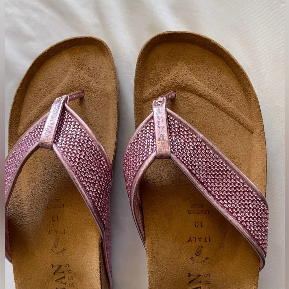 Metallic Pink, Shimmery Italian Shoemakers Cork Wedge Thong Sandals 1.5” H NWOT